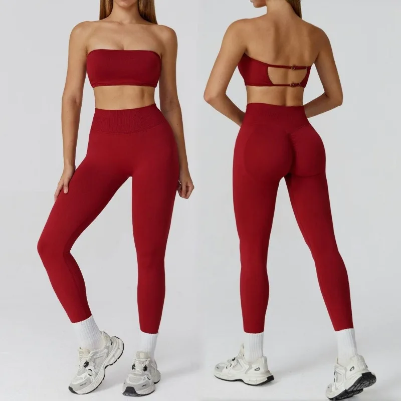 

Women's Seamless Bra Yoga Set with Hollowed Out Nude Feeling Beautiful Back High Waist Fitness Suit Outdoor Sports Running Set