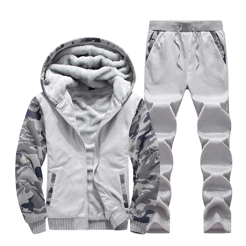 2 Pcs Set Men Winter Tracksuit Fleece Lined Sportswear Outfits Men Fashion Sets Sweatsuit Keep Warm Casual Sweatshirt  and Pants