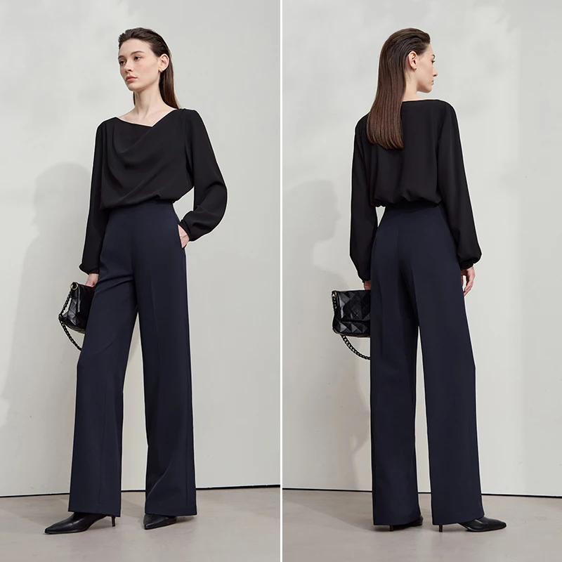 AMII 2025 automne nouveauté minimalisme bureau dame taille haute pantalon solide décontracté inelastique jambe droite pantalon 12523156