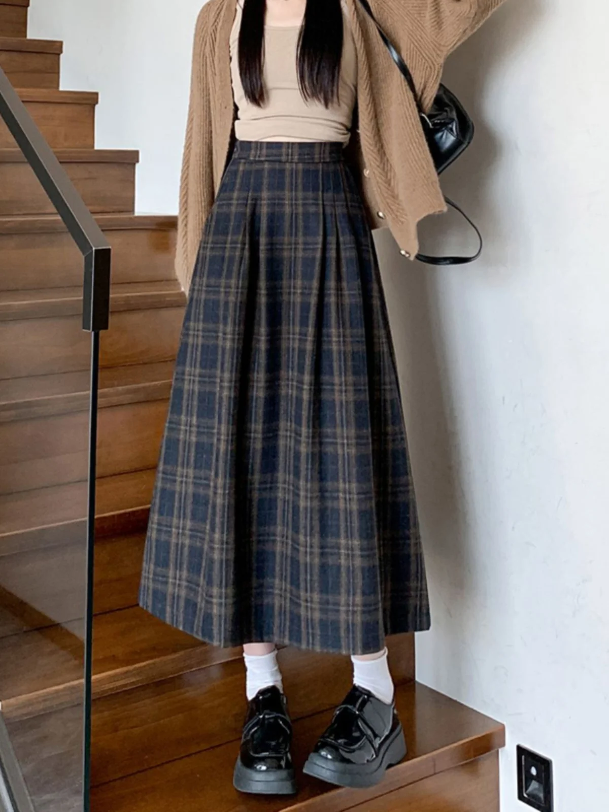 Women's Vintage Plaid Wool&blend Pleated Long Skirt Lady Spring Autumn Streetwear High Waist A Line Long Skirt