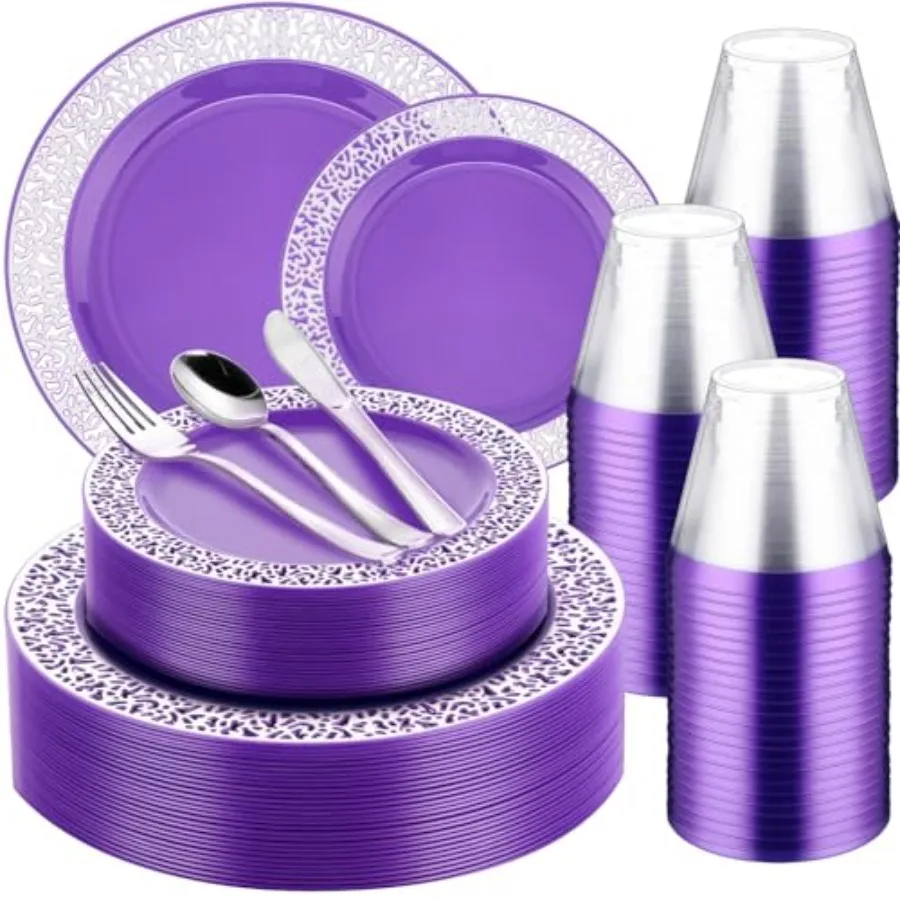 

450 шт. фиолетовые, серебряные пластиковые тарелки для вечеринок включают 75 пакетиков для ужина 10,2 в 75 десертных тарелок 7,5 в 75 столовых приборов 75 чашек кружево D