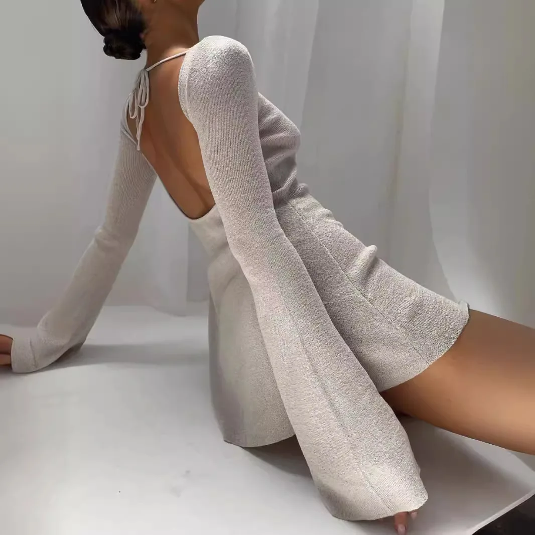 

Women's Fashion Solid Color Backless Knitted Mini Dress, New Long Sleeve Dress