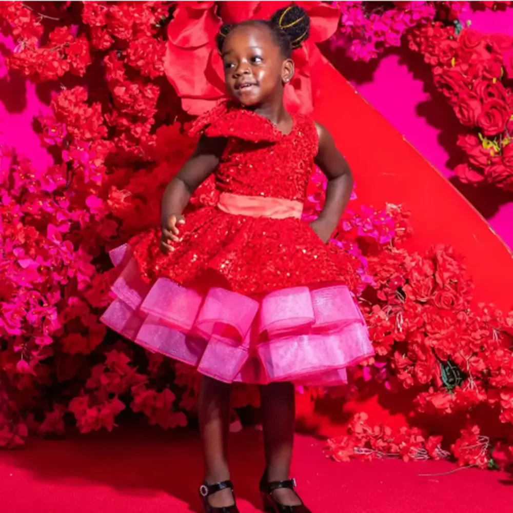 

Customized Red Flower Girl Dresses For Wedding Sequins Knee Length With Bow Kids Birthday Party First Communion Pageant Gown