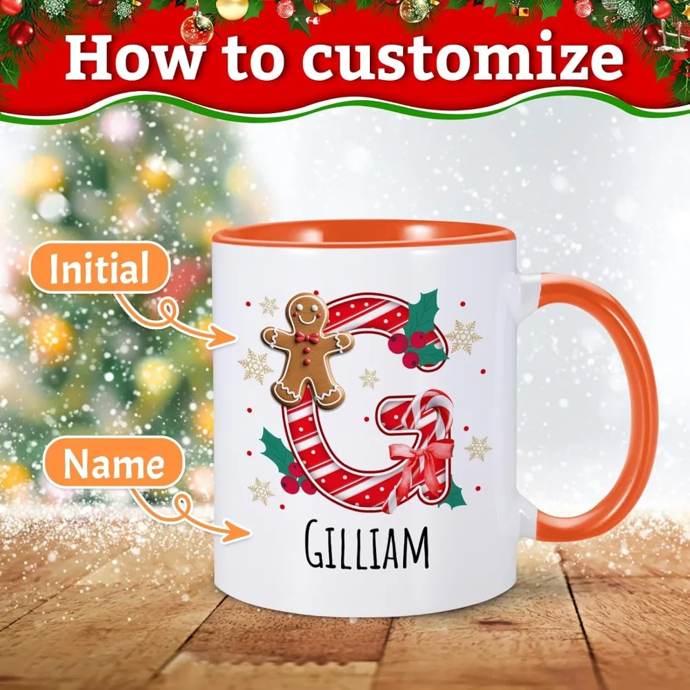 1pc Personalized Christmas Mug Featuring Initial Name Custom Gingerbread Man Design for Hot Chocolate or Coffee 11 15 Oz Sizes W