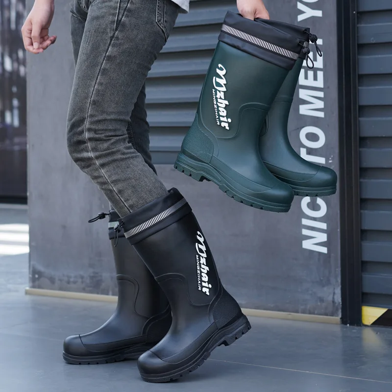

Men's High-Tube Fleece Lined Rain Boots Anti-Slip Waterproof Fashionable Fishing Shoes Slip-On PVC Material Thick Bottom