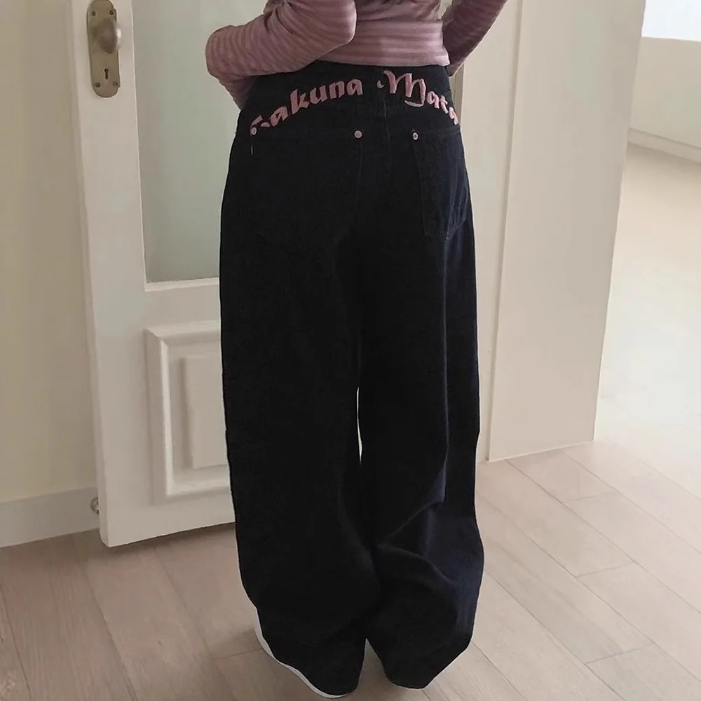 Women Y2K Sweet Cool High Waist Straight Jeans Back Letter Embroidery Slim Fit Denim Long Trousers