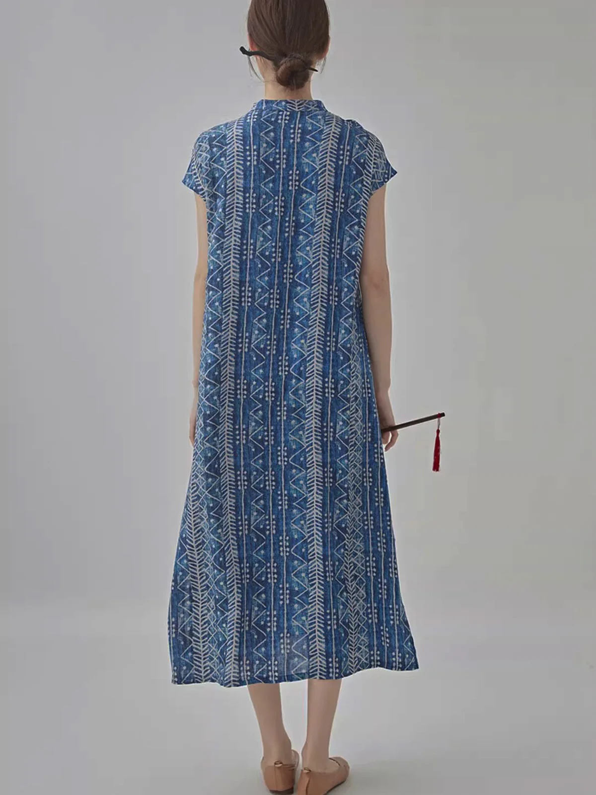 فستان شيونغسام تشيباو الصيني للنساء، فستان ريترو نحيف بإبزيم قرصي وأكمام قصيرة من القطن والكتان مخطط ومطبوع، فساتين طويلة للصيف