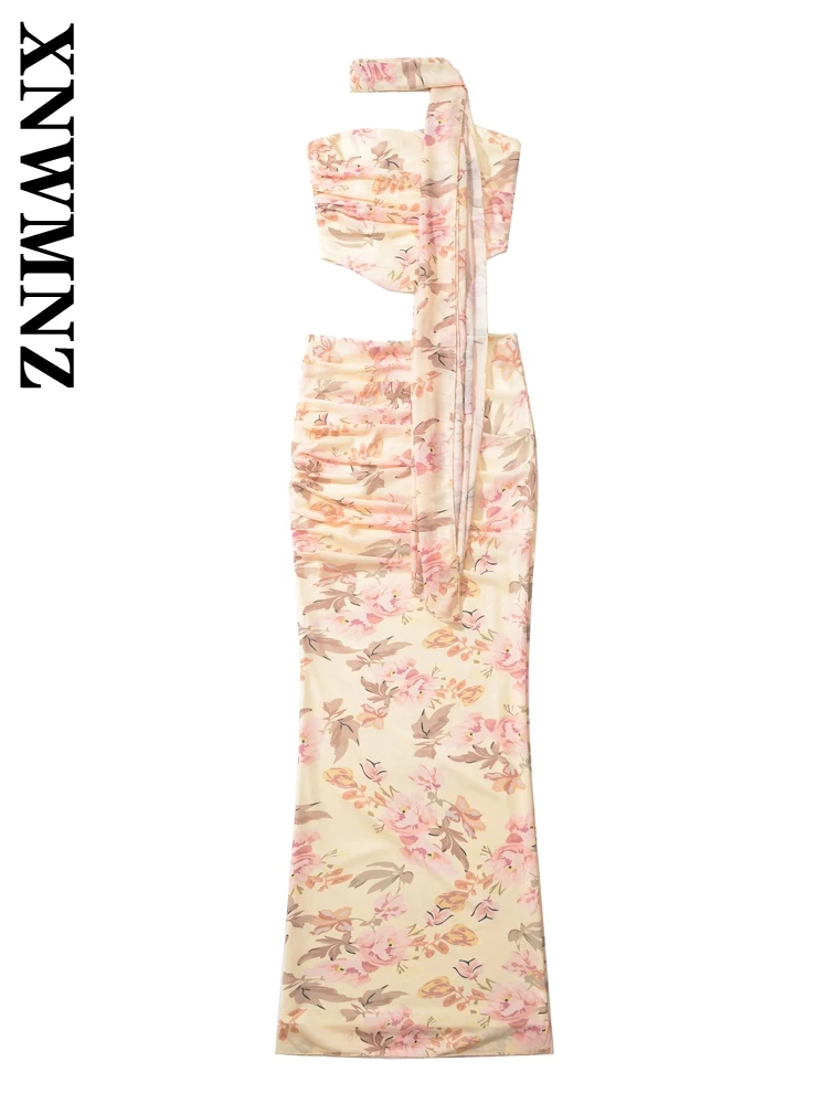 

XNWMNZ 2025 Spring Female Casual Midi Skirt Corset Sophisticated Autumn Woman's Sleeveless Top Halter Collar Two-piece Floral