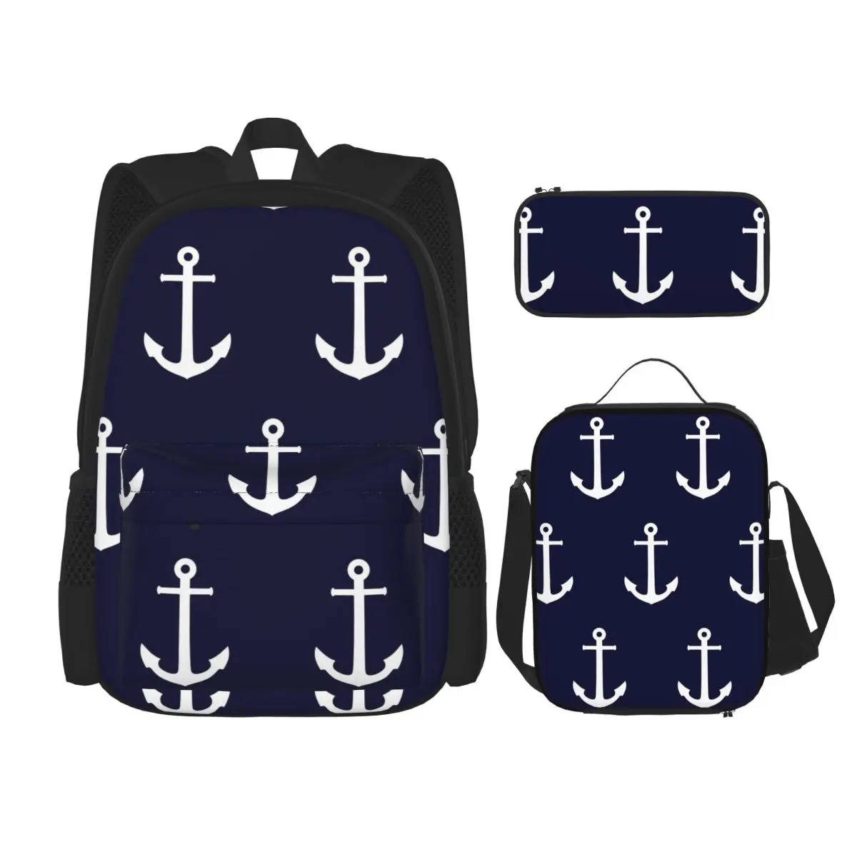

White Anchor On Navy Blue Backpacks Boys Girls Bookbag School Bags Rucksack Lunch Bag Pen Bag Three-Piece Set