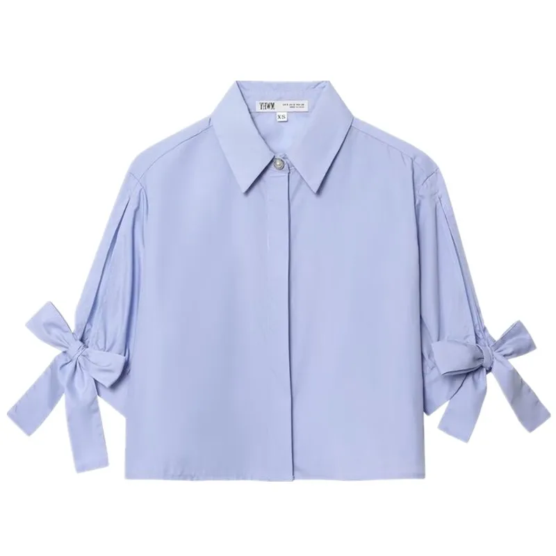 

Cute Knot Decorated Silk awl Collar ort irt Women's Faion Summer New Arrival Loose Fit Long Sve Ne