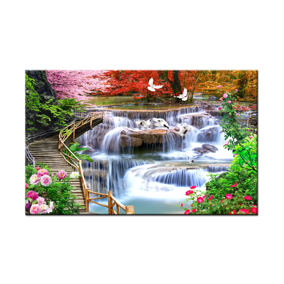 

Wall Art Forest Waterfall Landscape Nature Flowers Canvas Print HD Painting Picture Living Room Home Decor HYS2015