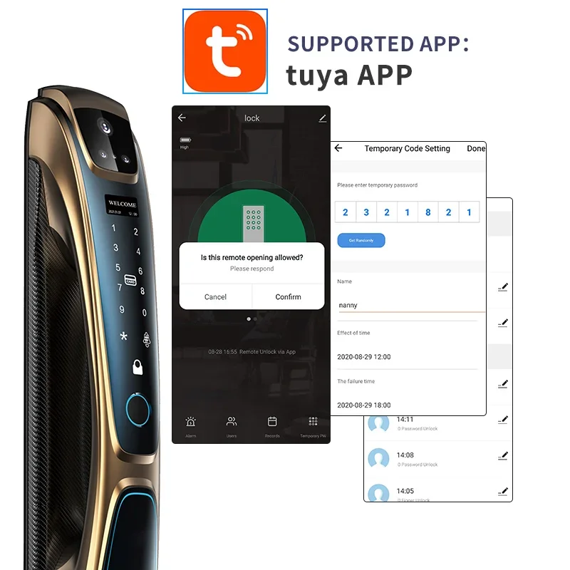 ดิจิตอลอิเล็กทรอนิกส์ลายนิ้วมืออัตโนมัติ Tuya 3D บัตรจดจำใบหน้าคีย์ประตูล็อคอัจฉริยะ WIFI สำหรับบ้านโรงแรมอพาร์ตเมนต์