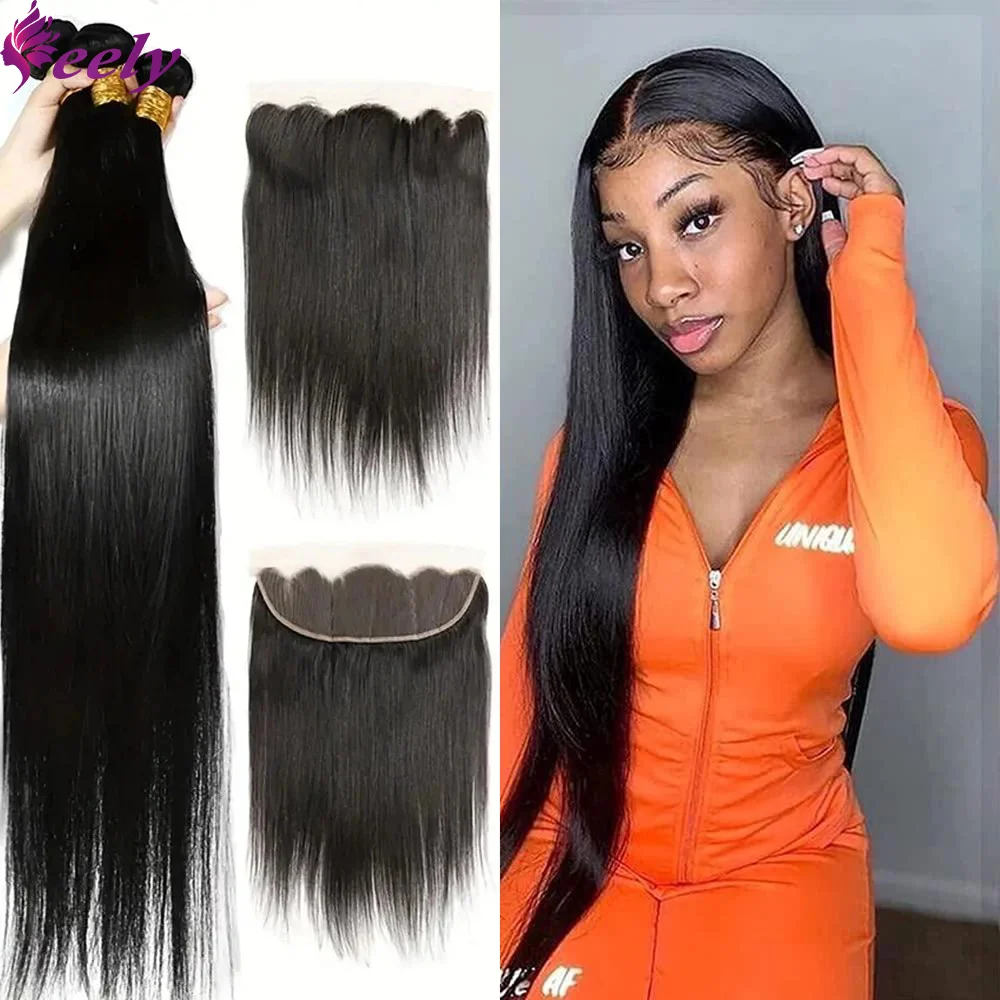 Bundel lurus dengan penutupan hitam alami Brasil bundel rambut manusia tidak diproses dengan penutup Frontal 13X4 renda untuk wanita 1B