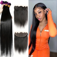 Straight Human Hair Bundles With Closure Natural Black Brazilian Unprocessed Bundles With Closure Frontal 13X4 Lace For Woman 1B