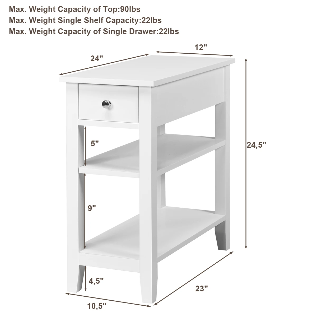 2 PCS 3 Tier Nightstand Bedside Side End Table w/ Double Shelves White