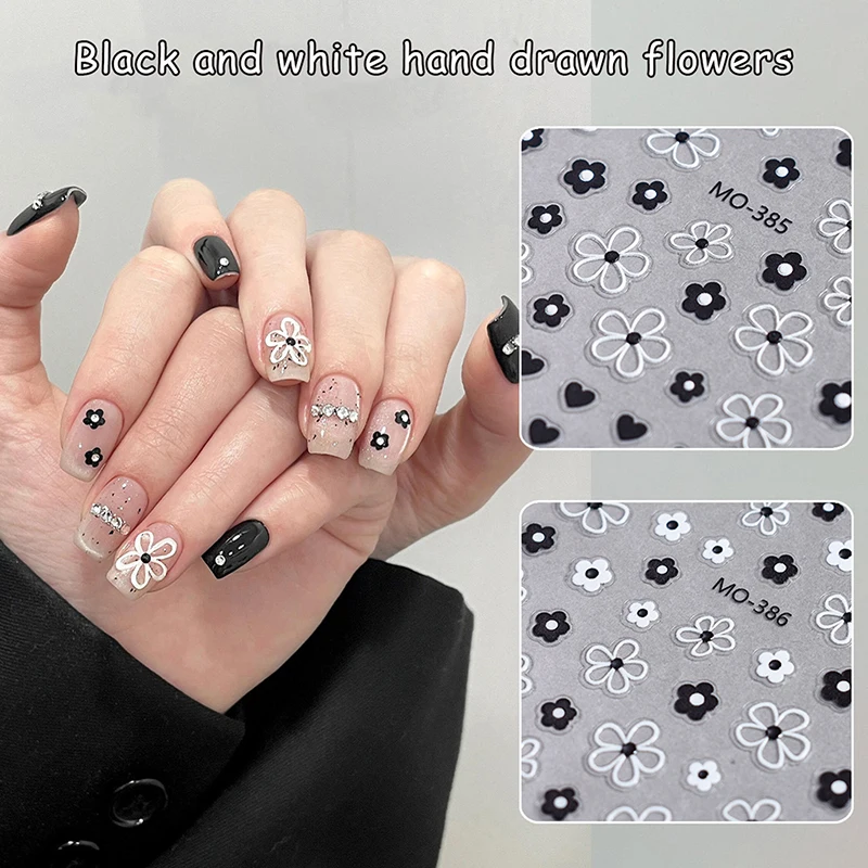 

Flower Shape Nail Sticker Black And White Stereoscopic Hand Drawn Nail Decal Decoration DIY Enhancement Adhesive Sticker