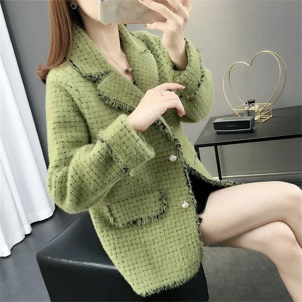 Women's Jackets Imitation Mink Velvet Coat 2022 Spring And Autumn new Fleece Sweater Knitted Cardigan Plaid Woolen Coat Blazer