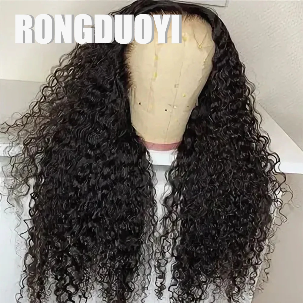 RONGDUOYI Black Deep Kinky Curly Synthetic Wig for Black Women Natural Hairline Curly Wave Lace Front Wigs Daily Makeup Use Hair