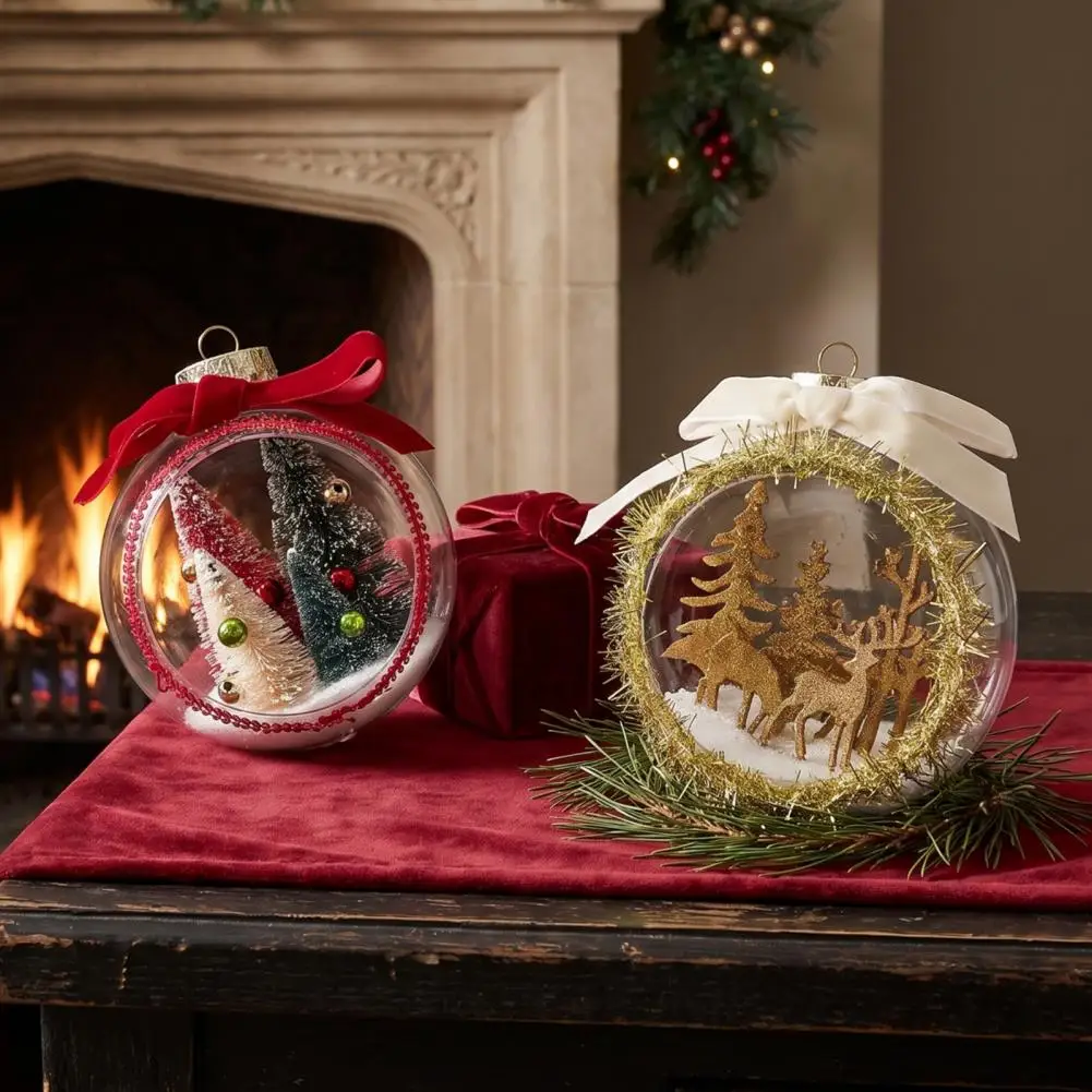 Miniature Snow Scene Ornaments Christmas Ball Ornament with Bow Reindeer Snow Scene Hanging Sphere Xmas Tree Decoration