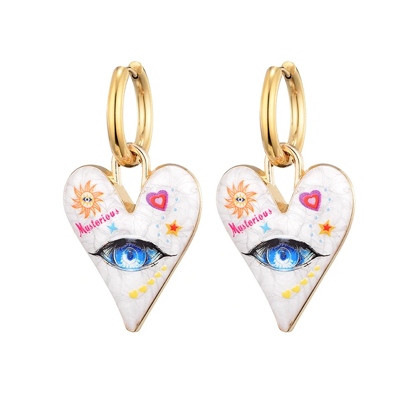 

Cute Colorful Heart Eye Sun Star Pattern Stainless Steel Hoop Earrings For Women Enameled Gold Color Pendant Female Y2K Jewelry