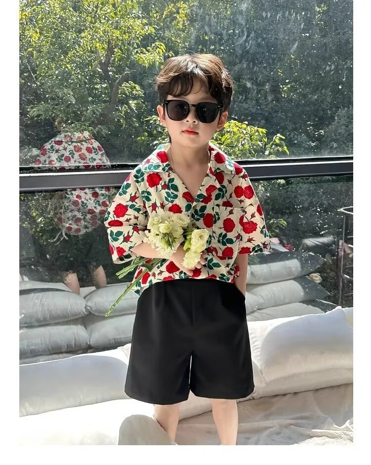 

Boy's Rose Print Turn-down Collar Shirt Summer Thin Short Sleeve Vacation Beach Hawaiian Vintage Shirt