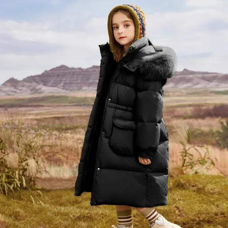 Winter Clothing for Girls Down Cotton Jacket Medium to Long Style Thick Coat for Children Girls' Big Wool Collar Cotton Jacket