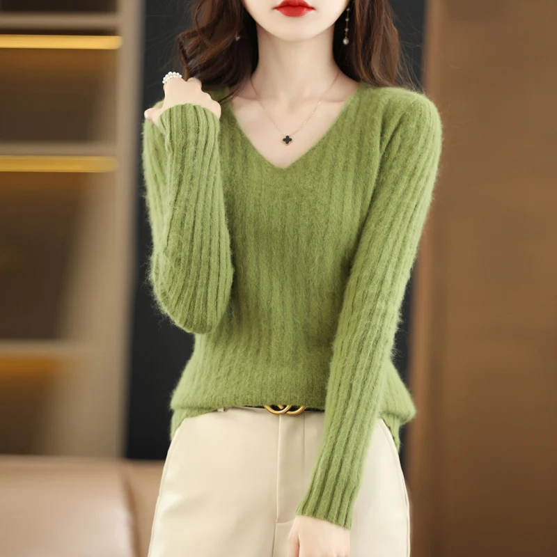 Flat V-Neck Pure Mink Cashmere Sweater Women\'s Long Sleeve Top Autumn and Winter Warm Loose Knit Pullover Solid Color Slim Base