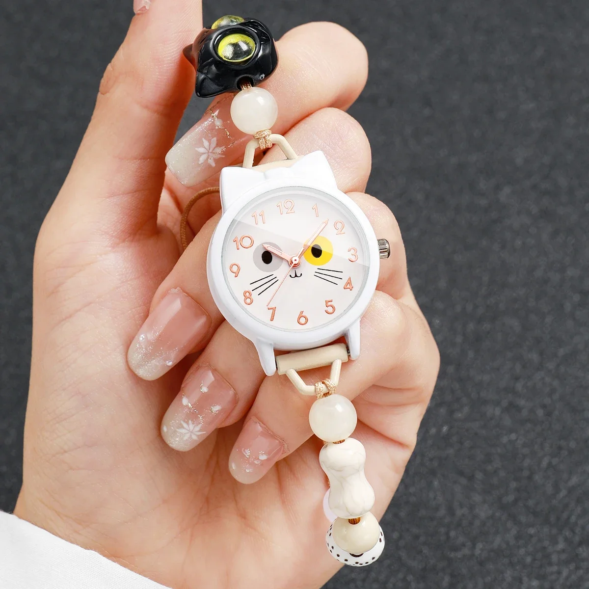 Lovely Cat Women Quartz Watch Adjustable Beaded Chain Bracelet Watches Relogio Feminino Girls Clock Gift (Without Box)