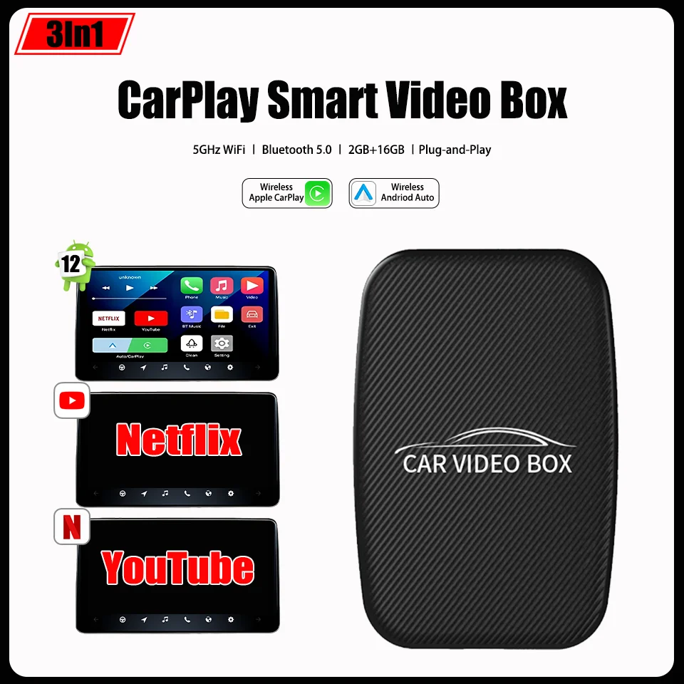 

New CarPlay Ai Box Android 12 Wireless Apple CarPlay & Android Auto 3In1 Multimedia Box Built-in Youtube Netflix Plug & Play