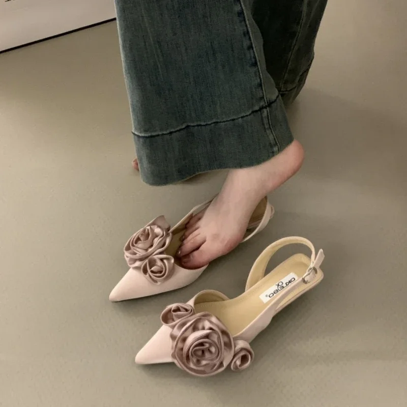 

New Woman 2024 Trend Sandals High Heeled Sweet Rose Closed Toe Footwear Summer Slingback Pointed Fashion Dress Ladies Shoes