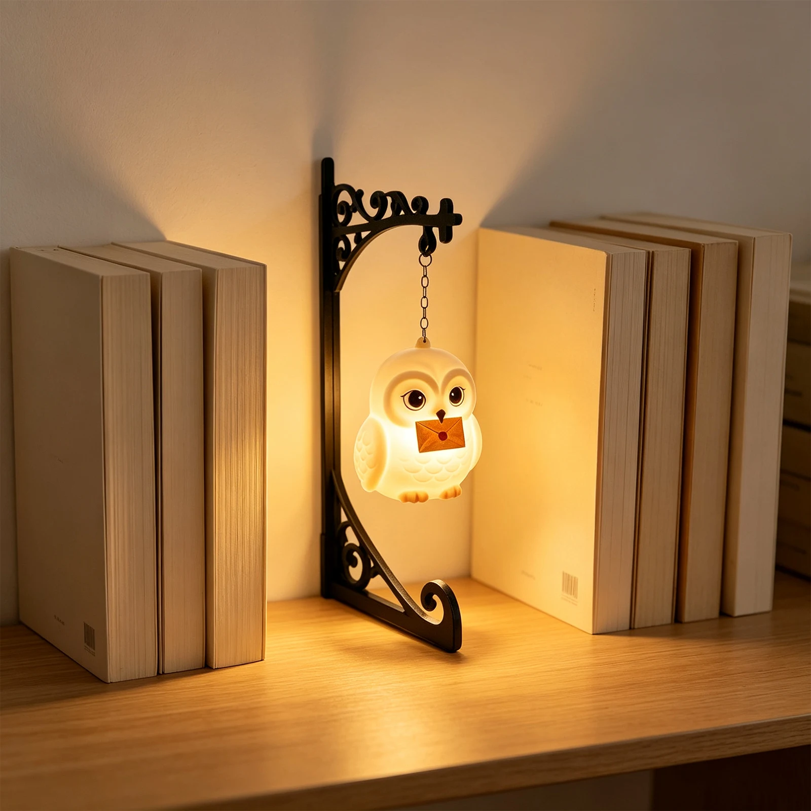 Hanging Owl Lamp Metal Iron Bookend Shelf Night Light Decor for Reading Nook Home Library