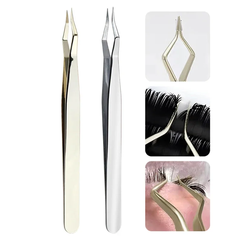 1pcs Lash Extension Tweezers Anti Slip Stainless Steel Curved Tip Straight Tweezers High Precision Nail Art Makeup Beauty Tools
