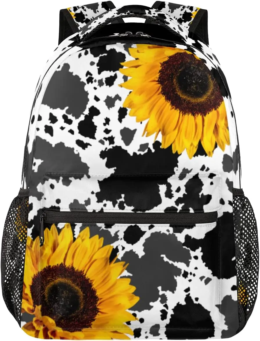 Cow Print Sunflower Backpack for Lightweight Large Capacity Casual School Bookbag Western Farm Style Portable Travel