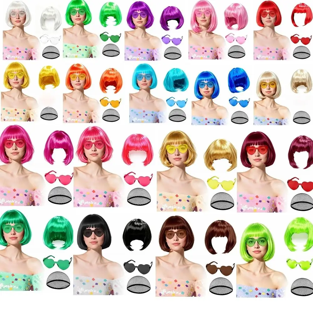 3Pcs Colorful Short Bob Hair Wig Christmas Party Role-playing Short Hair Wig with Hairnet and Glasses Halloween Cosplay Wig Set 6