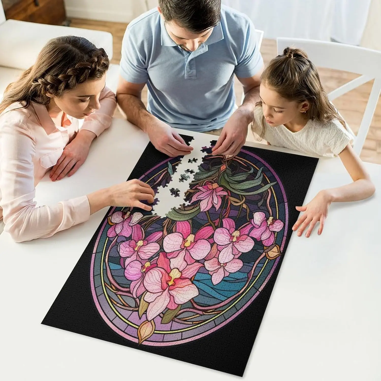 Pink Flower Colored Window Wooden Puzzle 1000/500/300pcs for Jigsaw Puzzle Bedroom Gameroom Livingroom Home Decor Birthday Gift