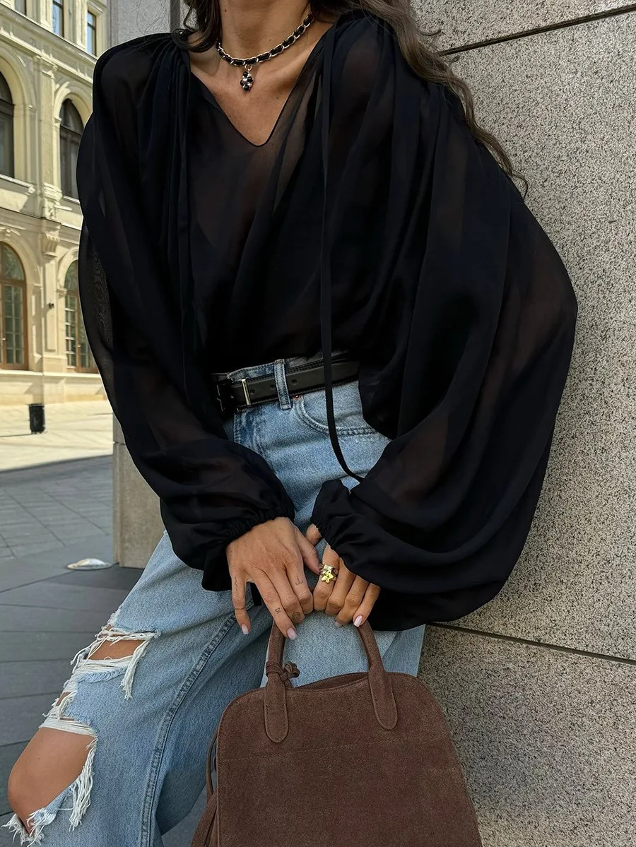 Raglan Sleeve White Chiffon Black Blouses And Tops Lace-Up V-Neck Women Loose Perspective Shirts Autumn Spring 2025