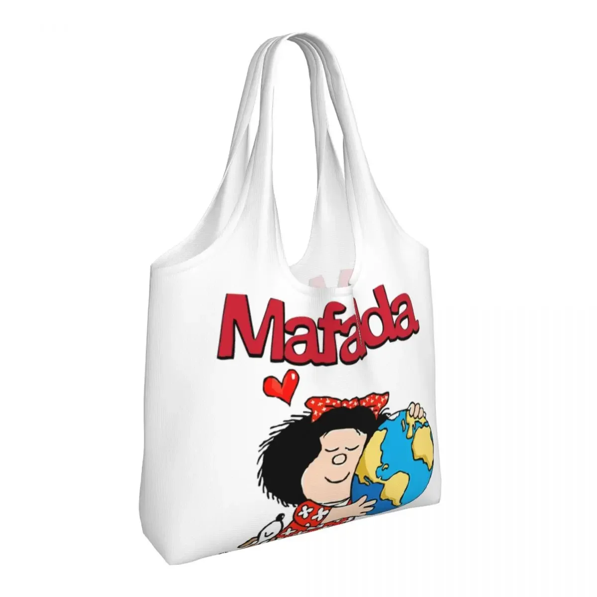 Bolsas de compras personalizadas de Mafalda World And Her Puppy, bolsas de lona para compras, bolsos grandes de hombro, capacidad duradera, bolso de cómic Quino