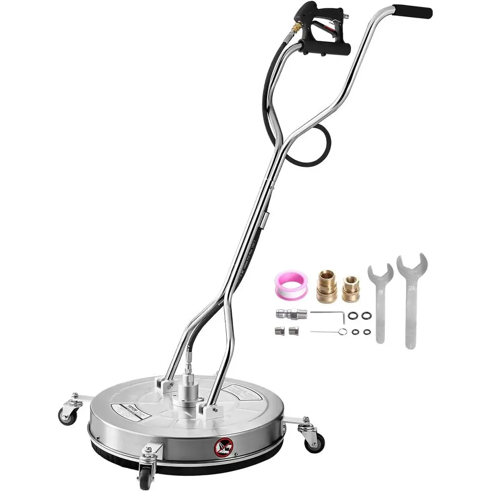 

24-дюймовый очиститель поверхностей для мойки высокого давления, насадка из нержавеющей стали 4000 PSI с 4 колесами, 2 насадками, быстросъемным соединением 3/8 дюйма и двойной рукояткой