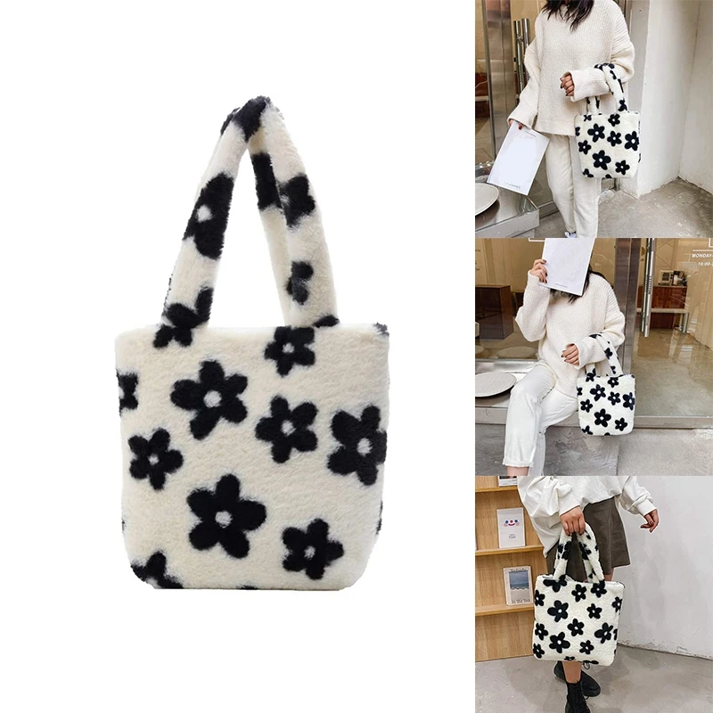 

Ladies Women Girls Shoulder Bag Plush Handbag Wallet Tote Bag For Autumn And Winter, Flower Pattern