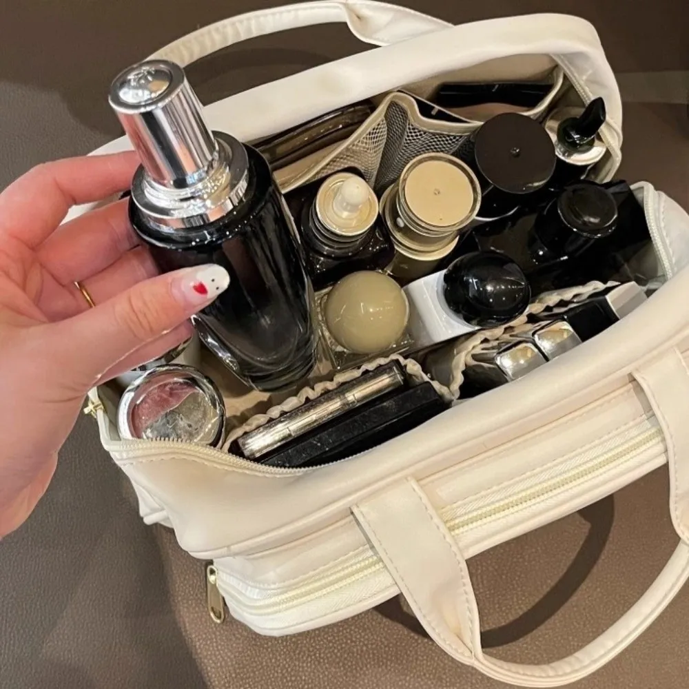 Simple Storage Makeup Bag Handle Large Capacity Cosmetic Container PU Leather Portable Travel Wash Pouch Data Cable Storage