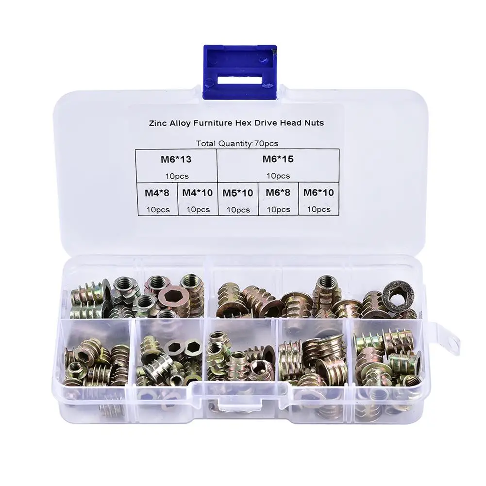 70Pcs M4/M5/M6 Zinc Alloy Insert Nuts Set - Hex Drive Furniture Fasteners for Woodworking Projects