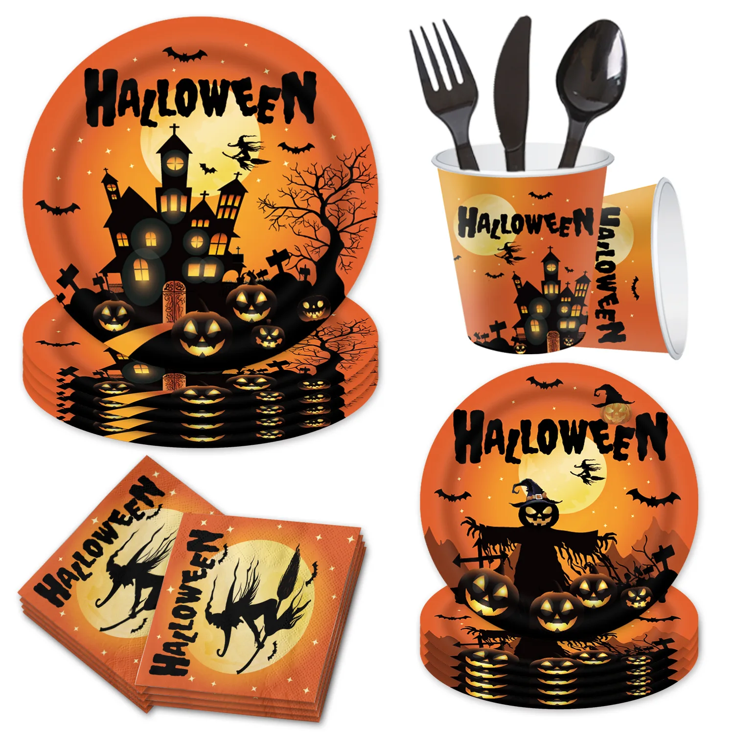 

114pcs Halloween Decorations Pumpkin Tableware Set Paper Plates Cups Napkins Banner Tablecloth Halloween Night Party Supplies