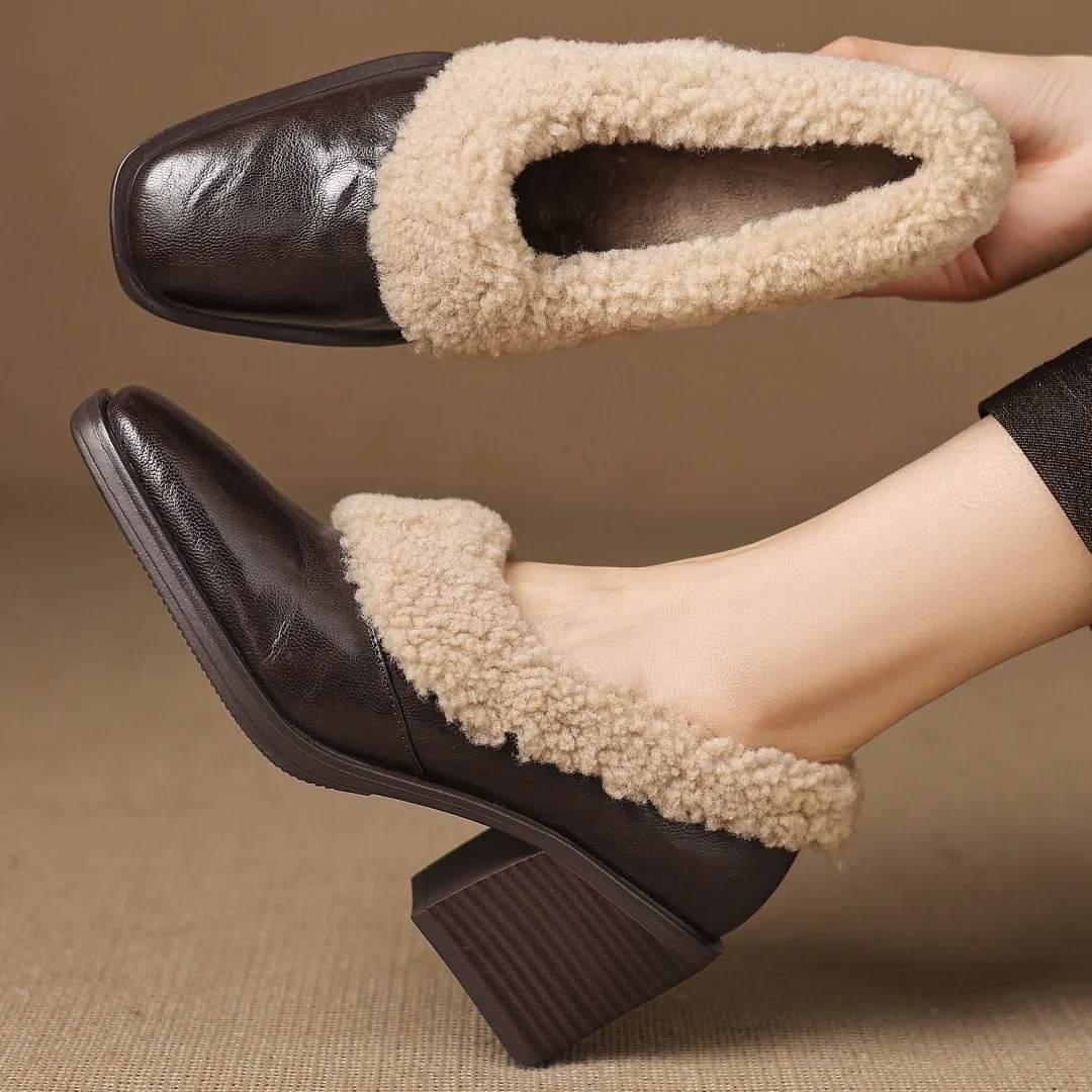

danxuefei women's genuine leather wool patchwork square toe short plush inside slip-on pumps 7cm thick high heel dress shoes hot