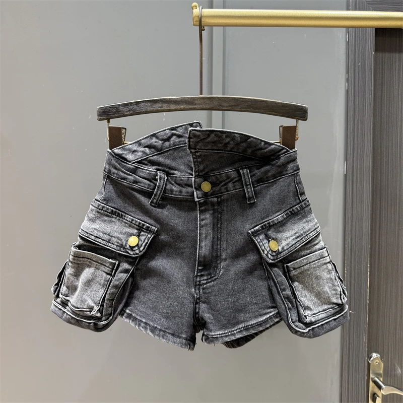 فريد ريترو كبير جيب البضائع الدنيم السراويل للنساء، الخريف جديد عالية الخصر فتاة الساخنة أزياء ألف خط واسعة الساق السراويل الساخنة