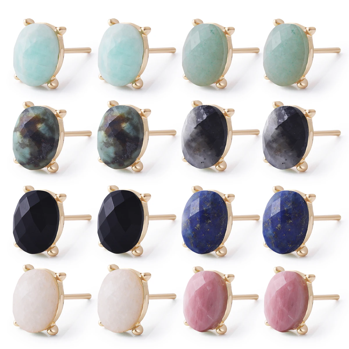 

Oval Shape Stud Earrings Silver Color Natural Stone Faceted Pink Quartz Crystal Tiger Eye lapis lazuli Healing Jewelry Female