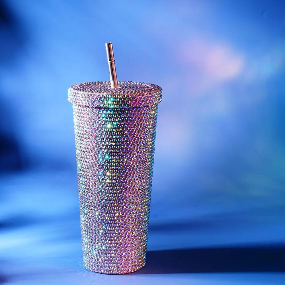 750ml Shining Rhinestone Stainless Steel Double Layer Cups Straw Cup With Lid Water Bottle Women Glitter Cup Water Cups