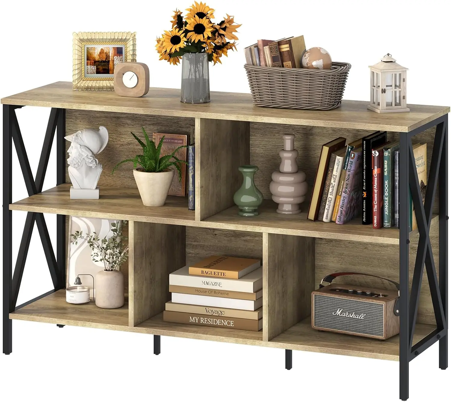 Horizontal Bookshelf,Industrial Modern  Low Wide Cubby Bookcase,Long Wood and Metal Storage Organizer Open Shelf,