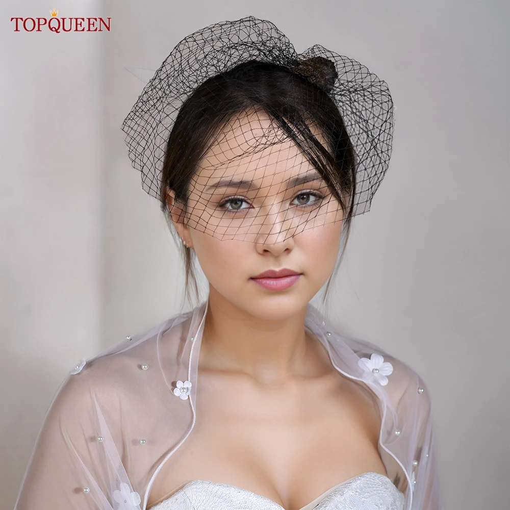 TOPQUEEN VA02B 100% Handmade Birdcage Veil Blusher Veil White Ribbon Flower Headband Veil for Bridal Hair Accessories Face Veil image 2