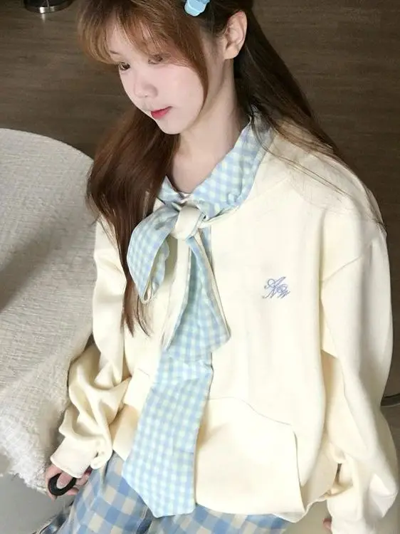

Милая женская толстовка в клетку в школьном стиле, весенне-осенний дизайн, мягкая одежда для девушек, топ с завязками и поясом