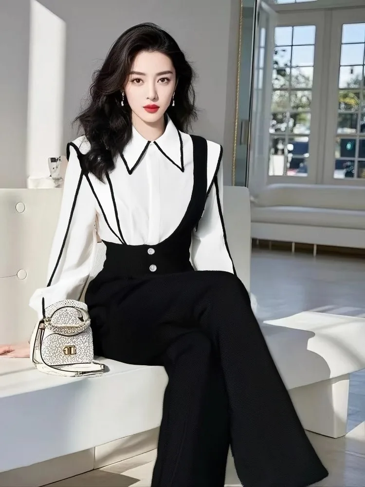 

New High End Fashion Women's Rompers Sets Autumn Elegant Office Lady Long Sleeve Slim Shirt + Single Strap Pants 2 Piece Outfit